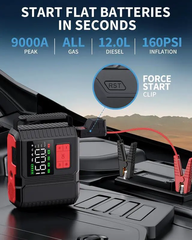 Alt view image 2 of 6 - Car Jump Starter with Air Compressor, 9000A Peak 26800mah (Up to All Gas or 12.0L Diesel Engine, 50 Times) Portable160PSI Jump Starter 12V Auto Battery Jump Pack Quick Charge