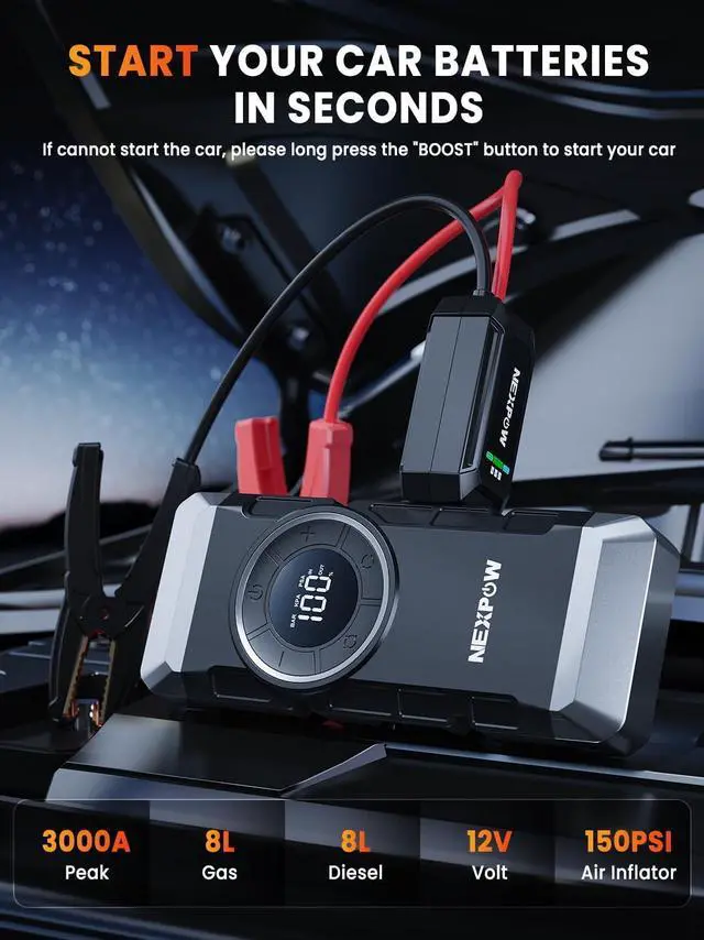 Alt view image 5 of 7 - NEXPOW Car Battery Jump Starter with Air Compressor 3000A Peak,12V 150PSI Portable Jumpstart Box for Up to 8L Gas and 8L Diesel Engines, PD18W Quick Charging, Force Start Button