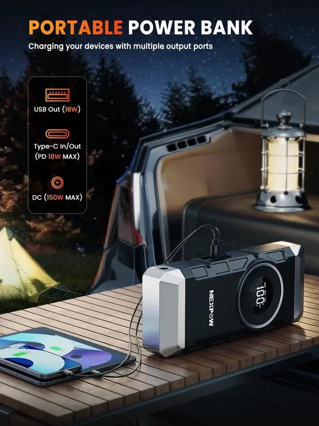 Alt view image 6 of 7 - NEXPOW Car Battery Jump Starter with Air Compressor 3000A Peak,12V 150PSI Portable Jumpstart Box for Up to 8L Gas and 8L Diesel Engines, PD18W Quick Charging, Force Start Button