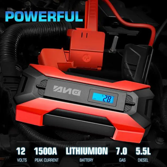 Alt view image 3 of 7 - DNA Motoring TOOLS-00214 12V 1500A 15000 mAh Multi-Function Portable Car Battery Jump Starter for Up to 7.0L Gas & 5.5L Diesel Engine, with Carry Case, Red