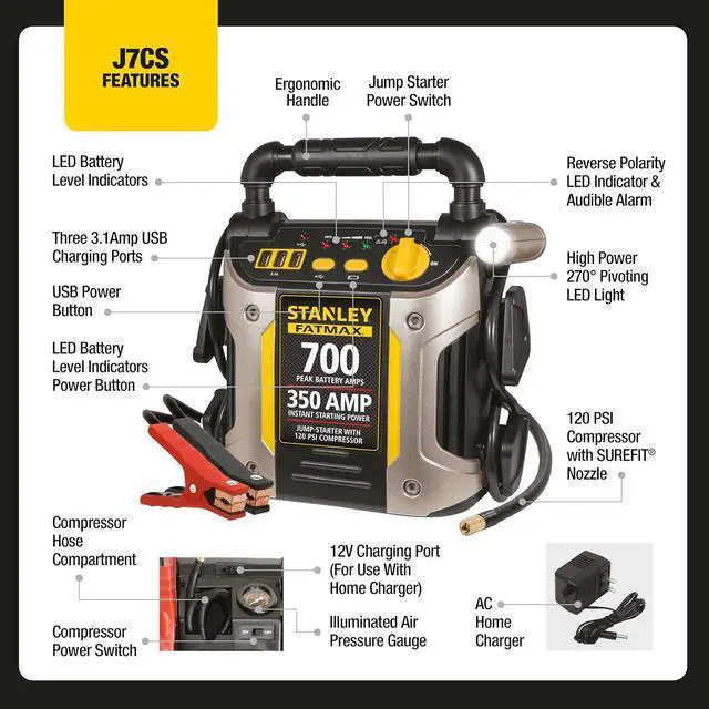 Alt view image 3 of 7 - Stanley J7CS 700 Amp Jump Starter with Compressor