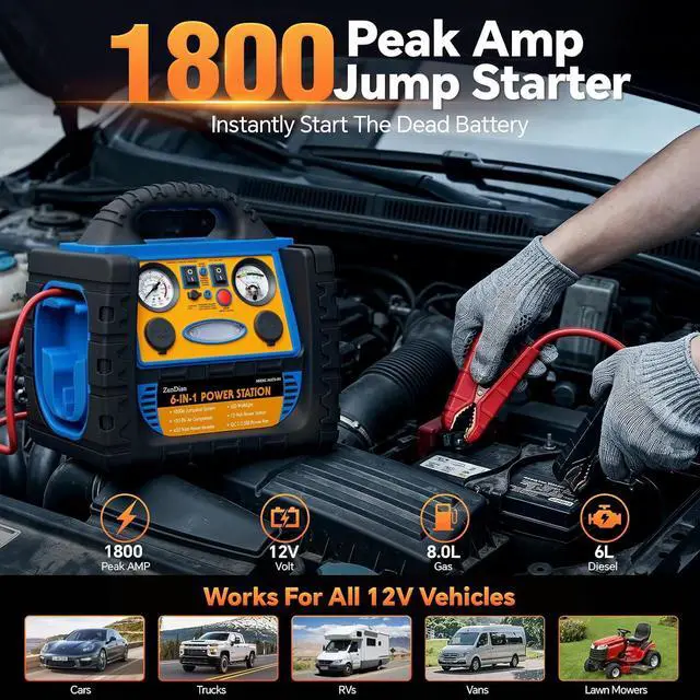 Alt view image 3 of 7 - Car Jump Starter with Air Compressor, 1800A Battery Booster Pack for Up to 8.0L Gas & 6.0L Diesel, 150PSI Tire Inflator, 400W Portable Power Station with AC Outlet, 6-in-1 Jump Box for Cars, Trucks