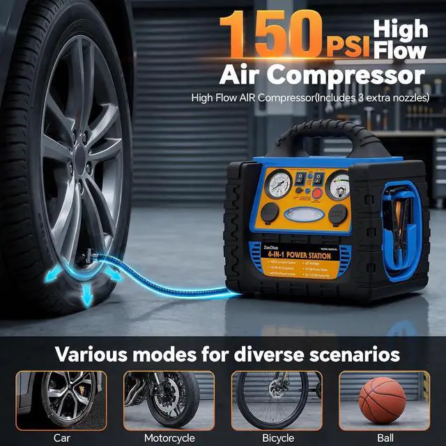 Alt view image 4 of 7 - Car Jump Starter with Air Compressor, 1800A Battery Booster Pack for Up to 8.0L Gas & 6.0L Diesel, 150PSI Tire Inflator, 400W Portable Power Station with AC Outlet, 6-in-1 Jump Box for Cars, Trucks