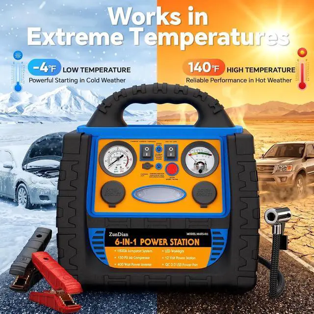 Alt view image 7 of 7 - Car Jump Starter with Air Compressor, 1800A Battery Booster Pack for Up to 8.0L Gas & 6.0L Diesel, 150PSI Tire Inflator, 400W Portable Power Station with AC Outlet, 6-in-1 Jump Box for Cars, Trucks