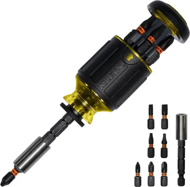 Main image of Klein Tools 32308 Multi-bit Stubby Screwdriver, Impact Rated 8-in-1 Adjustable Magnetic Tool with Phillips, Slotted, Square and Nut Driver