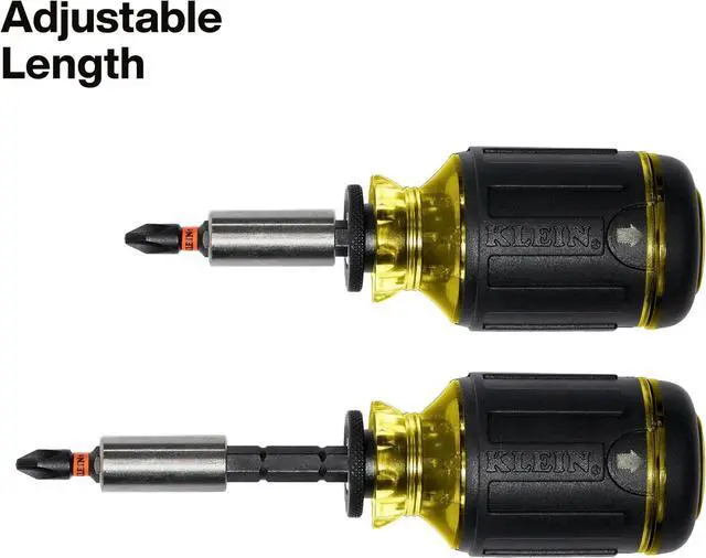 Alt view image 3 of 7 - Klein Tools 32308 Multi-bit Stubby Screwdriver, Impact Rated 8-in-1 Adjustable Magnetic Tool with Phillips, Slotted, Square and Nut Driver