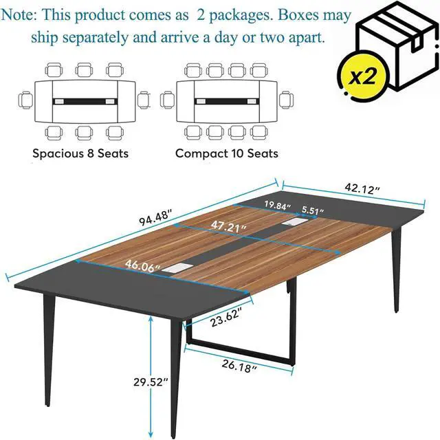 Alt view image 2 of 7 - Tribesigns 8FT Conference Table, 94.48L x 47.24W x 29.52H Inches Boat Shaped Meeting Table with Rectangle Grommet, Modern Seminar Boardroom Table for Office Conference Room (8ft, Walnut & Black)
