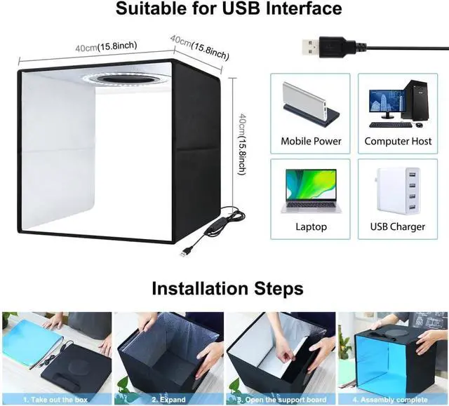 Alt view image 7 of 7 - Photo Box 16" x 16" Quick Install Foldable Portable Studio Kit with Soft Light Cloth Professional Photography Equipment Adjustable White Light, Soft Light, Warm Light