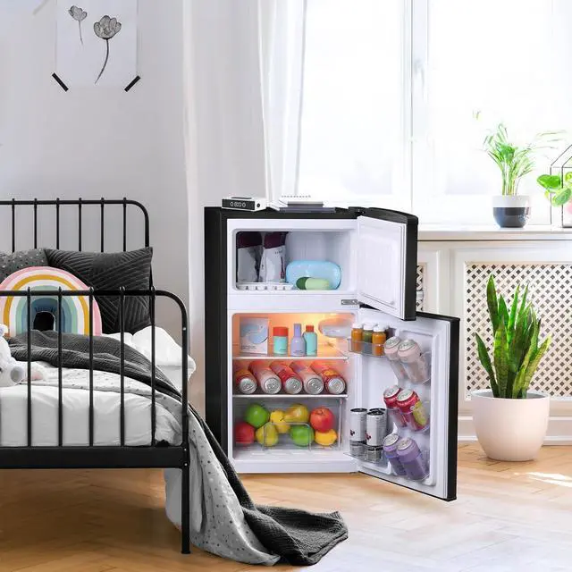 Alt view image 3 of 7 - West Bend Mini Fridge with Freezer for Bedroom, Office, Bar or Dorm Room, Retro Compact Refrigerator features Glass Shelves, Manual Defrost and Adjustable Temperature Control, 3.1-Cu.Ft., Black