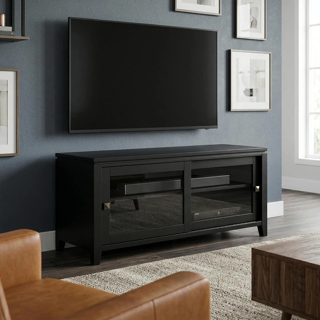 Alt view image 2 of 7 - SIMPLIHOME Cosmopolitan 72" Wide Solid Wood TV Stand in Light Golden Brown