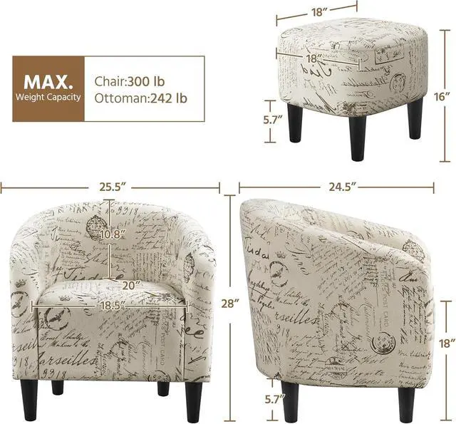 Alt view image 3 of 7 - Yaheetech Small 25.5in Wide Boucle Barrel Accent Chair, Letter Print