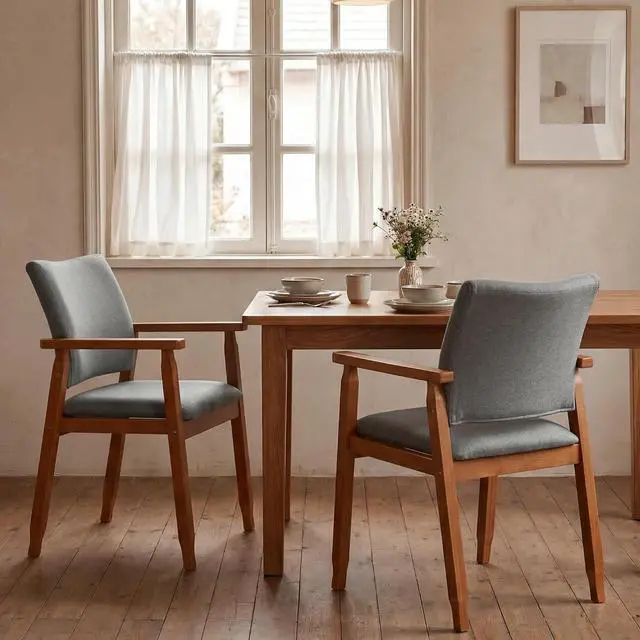 Alt view image 3 of 7 - Mid Century Modern Walnut Dining Chairs Wood Arm Grey Fabric Kitchen Cafe Living Room Decor Furniture