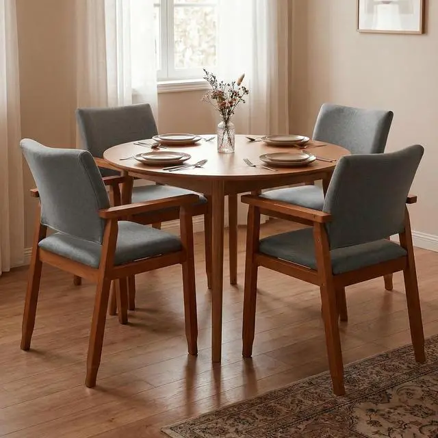 Alt view image 7 of 7 - Mid Century Modern Walnut Dining Chairs Wood Arm Grey Fabric Kitchen Cafe Living Room Decor Furniture
