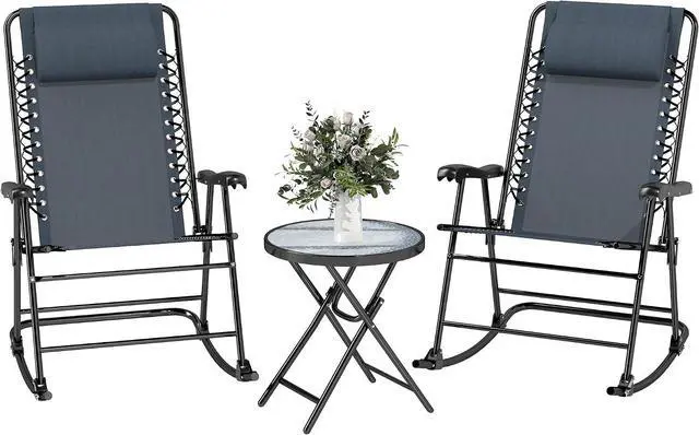 Main image of Outsunny 3 Piece Outdoor Rocking Bistro Set, Patio Folding Chair Table Set with Glass Coffee Table for Yard, Patio, Deck, Backyard, Grey