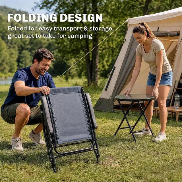 Alt view image 3 of 7 - Outsunny 3 Piece Outdoor Rocking Bistro Set, Patio Folding Chair Table Set with Glass Coffee Table for Yard, Patio, Deck, Backyard, Grey