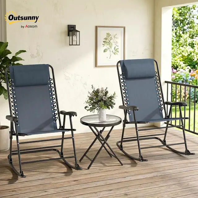 Alt view image 2 of 7 - Outsunny 3 Piece Outdoor Rocking Bistro Set, Patio Folding Chair Table Set with Glass Coffee Table for Yard, Patio, Deck, Backyard, Grey