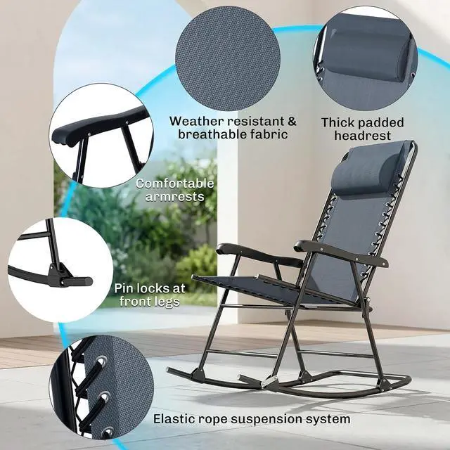 Alt view image 4 of 7 - Outsunny 3 Piece Outdoor Rocking Bistro Set, Patio Folding Chair Table Set with Glass Coffee Table for Yard, Patio, Deck, Backyard, Grey