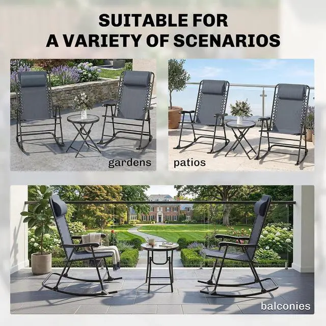 Alt view image 6 of 7 - Outsunny 3 Piece Outdoor Rocking Bistro Set, Patio Folding Chair Table Set with Glass Coffee Table for Yard, Patio, Deck, Backyard, Grey