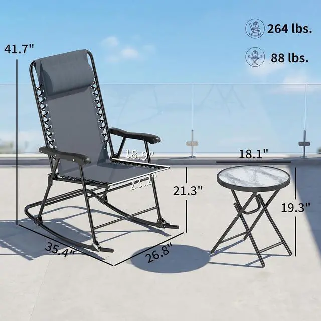 Alt view image 7 of 7 - Outsunny 3 Piece Outdoor Rocking Bistro Set, Patio Folding Chair Table Set with Glass Coffee Table for Yard, Patio, Deck, Backyard, Grey