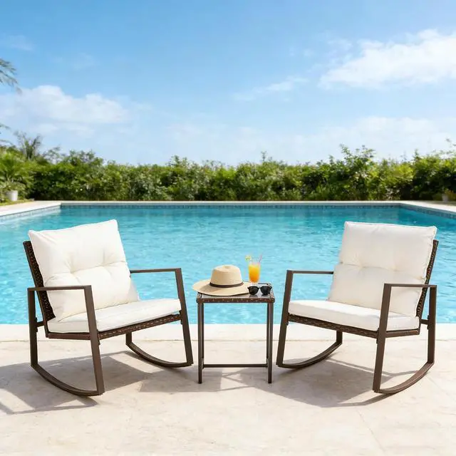 Alt view image 2 of 7 - SUNCROWN 3 Piece Outdoor Rocking Bistro Set Brown Wicker Furniture Porch Chairs Conversation Sets with Glass Coffee Table, Beige