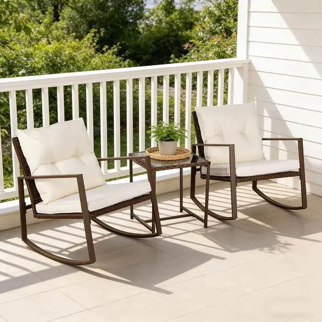 Alt view image 3 of 7 - SUNCROWN 3 Piece Outdoor Rocking Bistro Set Brown Wicker Furniture Porch Chairs Conversation Sets with Glass Coffee Table, Beige