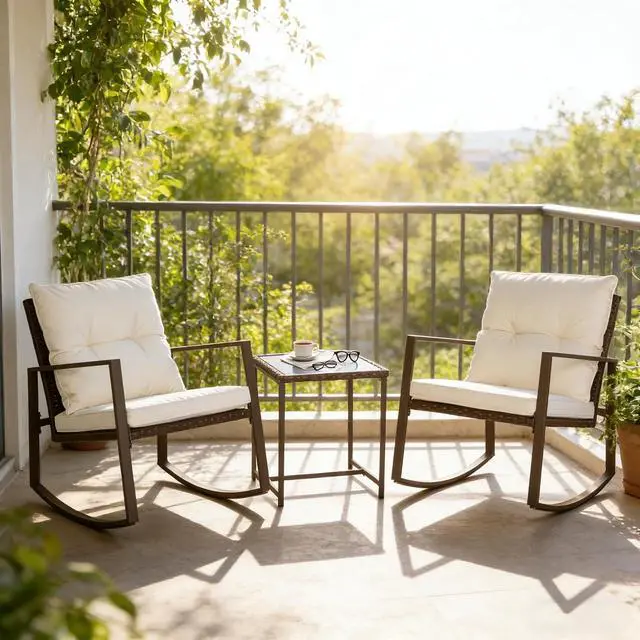 Alt view image 4 of 7 - SUNCROWN 3 Piece Outdoor Rocking Bistro Set Brown Wicker Furniture Porch Chairs Conversation Sets with Glass Coffee Table, Beige