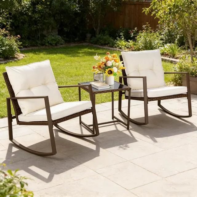 Alt view image 5 of 7 - SUNCROWN 3 Piece Outdoor Rocking Bistro Set Brown Wicker Furniture Porch Chairs Conversation Sets with Glass Coffee Table, Beige