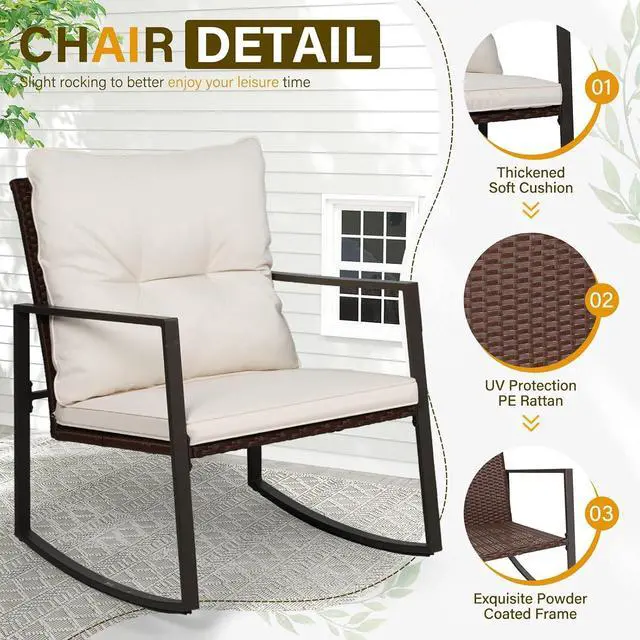Alt view image 6 of 7 - SUNCROWN 3 Piece Outdoor Rocking Bistro Set Brown Wicker Furniture Porch Chairs Conversation Sets with Glass Coffee Table, Beige