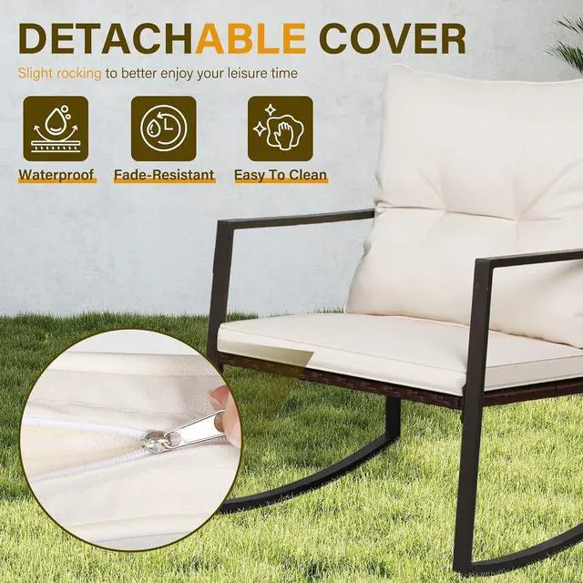 Alt view image 7 of 7 - SUNCROWN 3 Piece Outdoor Rocking Bistro Set Brown Wicker Furniture Porch Chairs Conversation Sets with Glass Coffee Table, Beige