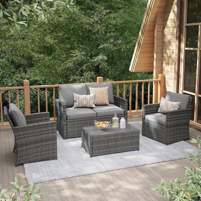 Main image of JOIVI 4 Pcs Patio Furniture Set, Wicker Patio Conversation Set, Light Gray