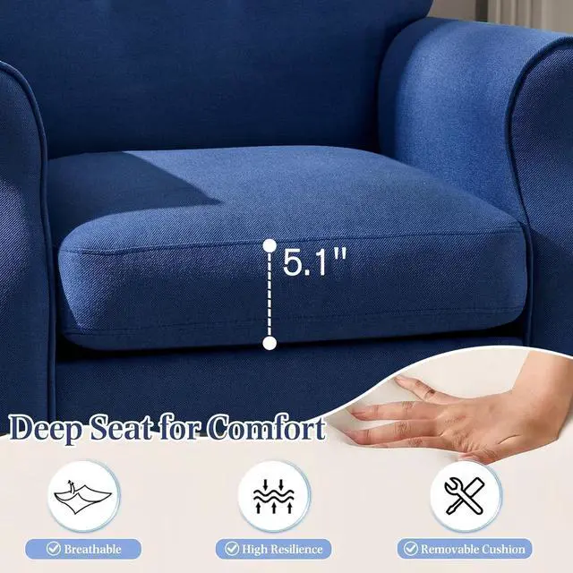 Alt view image 5 of 7 - YOLENY Modern Accent Chair,High Back Armchair,Upholstered Fabric Button Single Sofa with Wooden Legs for Living Room,Bedroom,Club,Light Blue