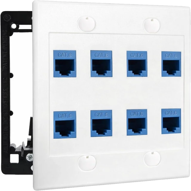 Main image of DIYTECH 8 Port Ethernet Wall Plate, Cat 6, Double Gang, RJ45 Female to Female Keystone Jacks - White