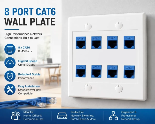 Alt view image 3 of 7 - DIYTECH 8 Port Ethernet Wall Plate, Cat 6, Double Gang, RJ45 Female to Female Keystone Jacks - White
