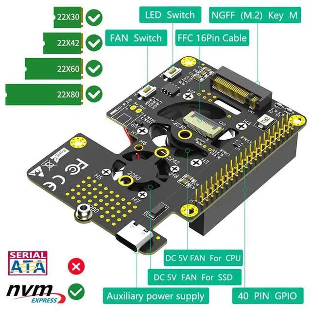 Alt view image 4 of 4 - 3 In 1 M.2 Nvme SSD To Pcie Adapter With Dual Cooler Fans And Automatic Discoloration LED For Raspberry Pi 5