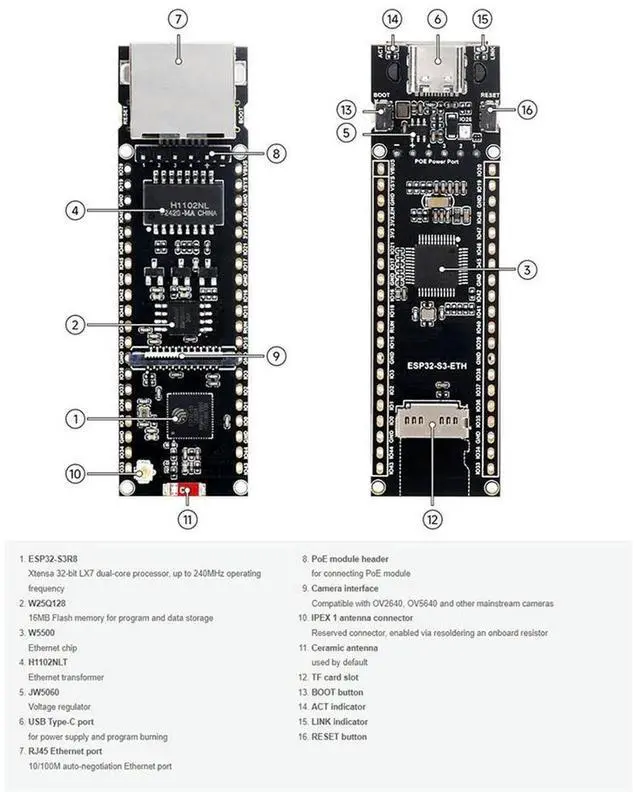 Alt view image 5 of 7 - ESP32-S3 ETH Development Board, 10/100Mbps RJ45 Ethernet Port,Wi-Fi and Bluetooth Support,240MHz Dual Core Processor B