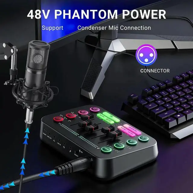 Alt view image 4 of 6 - 48V X1PRO Bluetooth Audio Mixer with M8 Microphone Voice Changer for Singing Audio Card Recording Game Audio Mixer