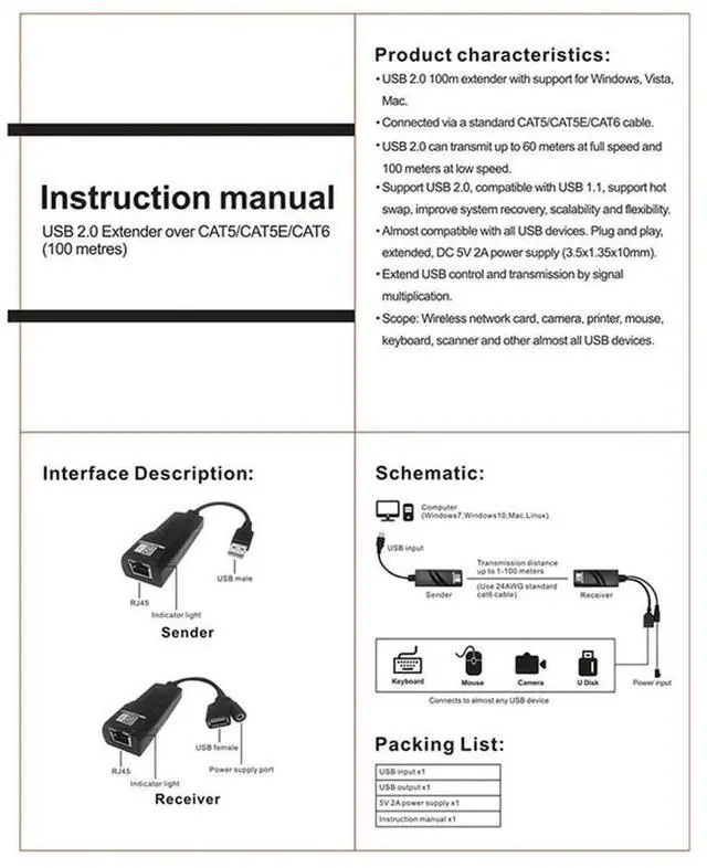Alt view image 5 of 7 - USB 2.0 Extender Over Cat5 Cat5e Cat6 Ethernet Cable Transfer Up To 100M RJ45 Receiver With DC5V/2A Power Adaptor