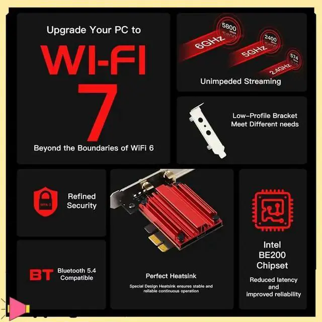 Alt view image 6 of 7 - 7 BE200 PCIE Adapter For Bluetooth 5.4 Tri-Band 2.4G/5G/6Ghz 8774Mbps BE200NGW Wireless Network Adapter Win11