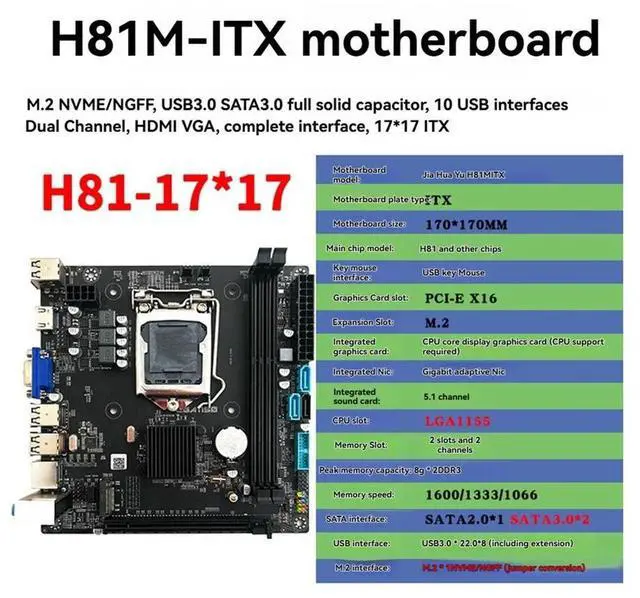 Alt view image 7 of 7 - H81M ITX Motherboard Desktop PC Laptop LGA 1150 DDR3 16GB M.2 NVME SDD USB 3.0 Computer Motherboard