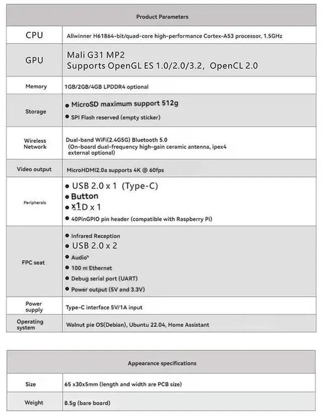 Main image of For WalnutPi ZeroW Development Board Allwinner H618 2.4G /5G Bluetooth 5.0 4K Motherboard with Antenna 4G