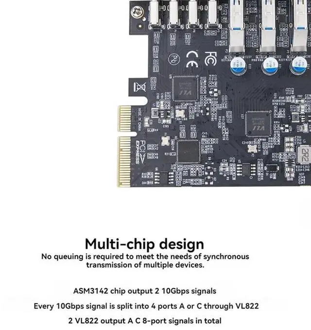 Alt view image 2 of 4 - PCIE USB3.2 GEN2 10Gbps Expansion Card PCI Express X4 To 4 Port TYPE A + 4 Port TYPE C Adapter USB HUB For Desktop PC