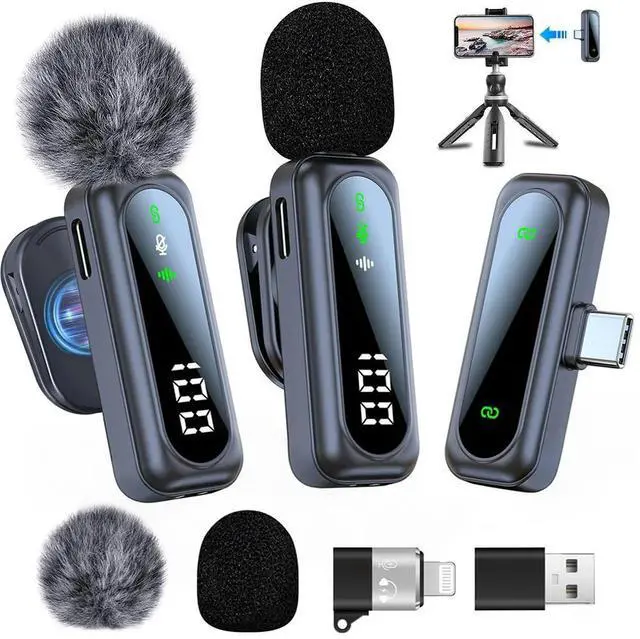 Alt view image 5 of 7 - 2 Pack Wireless Lavalier Microphone with Noise Cancellation Wireless Microphone Plug and Play Wireless Mic for Android/