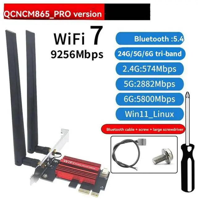 Alt view image 6 of 7 - 7 QCNCM865 PCI-E Adapter Card Kit 9256Mbps Tri Band 2.4G/5G/6Ghz BT5.4 Desktop Wireless Network Adapter For Win10/11