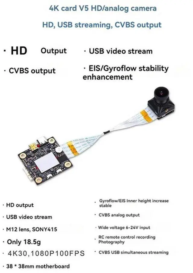 Alt view image 3 of 4 - For Hawkeye Firefly 4K V5 Cam DVR Mini FPV Camera CVBS UVC USB 6-24V Gyroflow/EIS For RC FPV Racing Drone