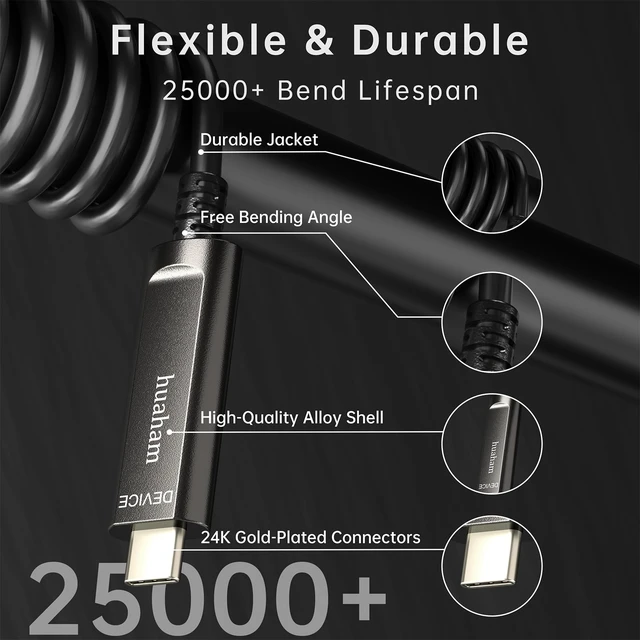 Alt view image 4 of 5 - Fiber Optic USB C Cable Right Angled 50FT, 10Gbps USB 3.2 Gen2 Active Cable with German SiliconLine Chip, Ultra Slim & Long Distance for Logitech 4K Camera,VR/AR,Video Conference,Industrial Sys