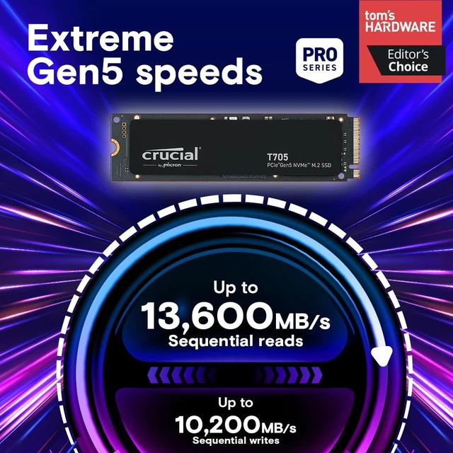 Alt view image 2 of 5 - Crucial T705 PCIe Gen5 NVMe 1TB SSD, Up to 13,600MB/s, TLC NAND, Intel & Ryzen Compatible, for Hardcore Gaming & High-Speed Storage, Solid State Drive, Includes 1Mo Adobe CC CT1000T705SSD3