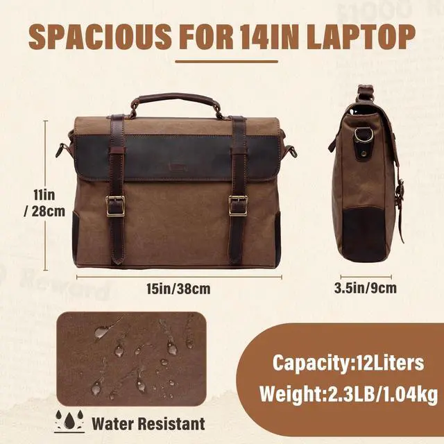 Alt view image 4 of 5 - Vaschy Unisex Classic Leather Shoulder Bag Satchels Briefcase with Detachable Strap Camel
