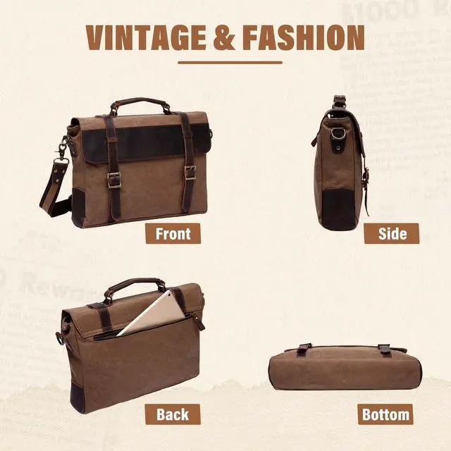 Alt view image 5 of 5 - Vaschy Unisex Classic Leather Shoulder Bag Satchels Briefcase with Detachable Strap Camel