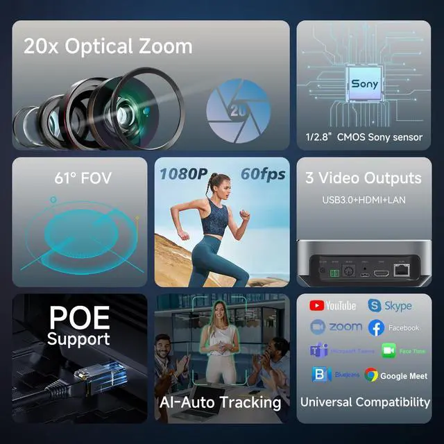 Alt view image 2 of 5 - AI Auto-Tracking PTZ Camera 20x Optical Zoom HDMI USB IP Live Streaming Camera 1080P 60fps Video Conferencing System POE Supply for Church Services Worship Education Work with Zoom Team vMix OBS