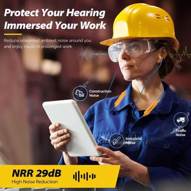 Alt view image 2 of 5 - MIPEACE Bluetooth Work Earplugs Headphone,Wireless in-Ear Noise Isolating Earbuds,29dB Noise Reduction Headphone with Control,19+ Hours Battery for Lawn Mowing Safety Industrial Construction(Ye